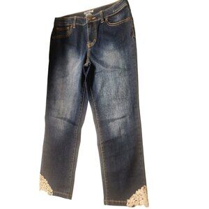 Cat & Jack Girls Denim Capri With Lace Hem adjustable waist button sz 14
